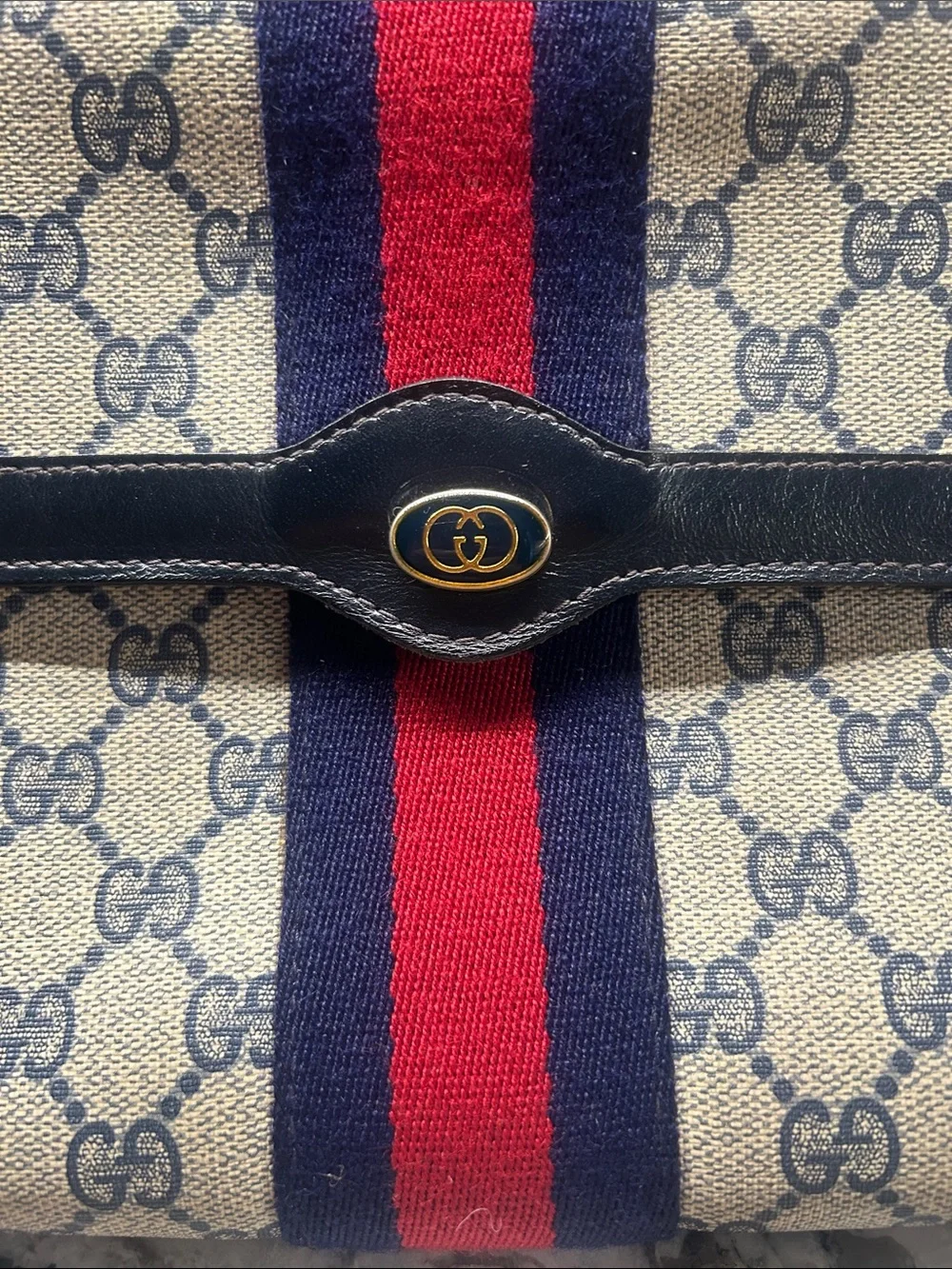 Gucci Beige GG Supreme Vintage Sherry Line Web Stripe Clutch 1980’s with COA